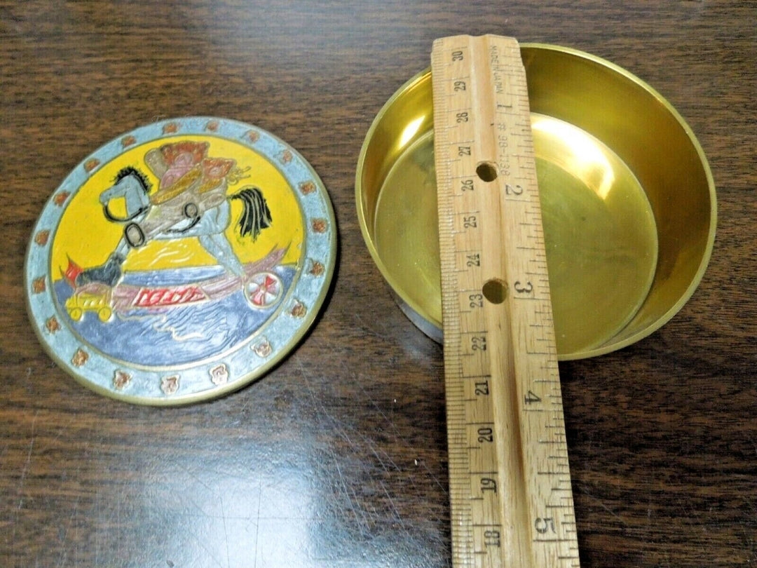 r591 Brass Enameled lid design Round Trinket Box Vintage