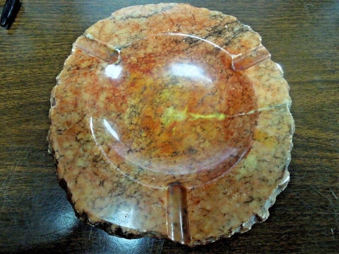 r592 Vintage,Mid Century Hand Carved Marble Ashtray Heavy Orange,RARE,7” Round