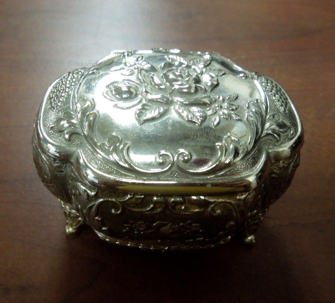 r692 Vintage Metal Box Hinged Lid Footed  Silver Plated Embossed Cherub Trinket Keepsake Jewelry Box Handcrafted Ornate