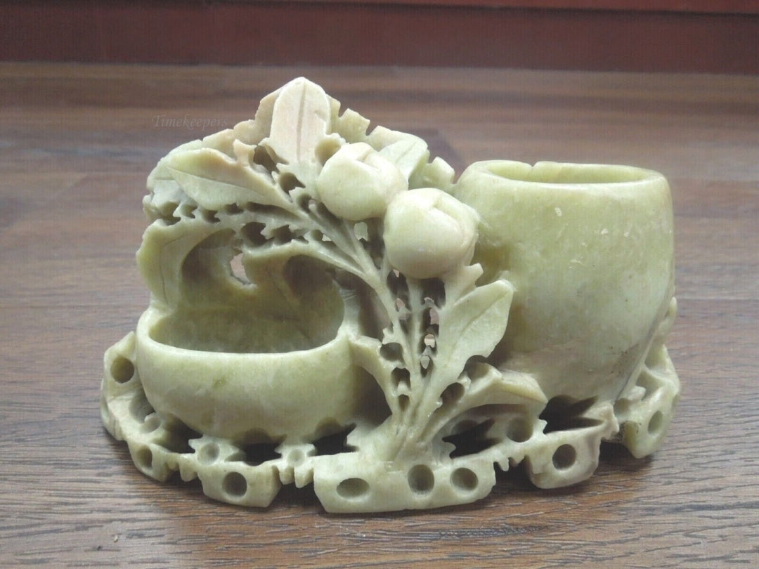 r349 Vintage Oriental Soapstone Stone Carving Double Vase