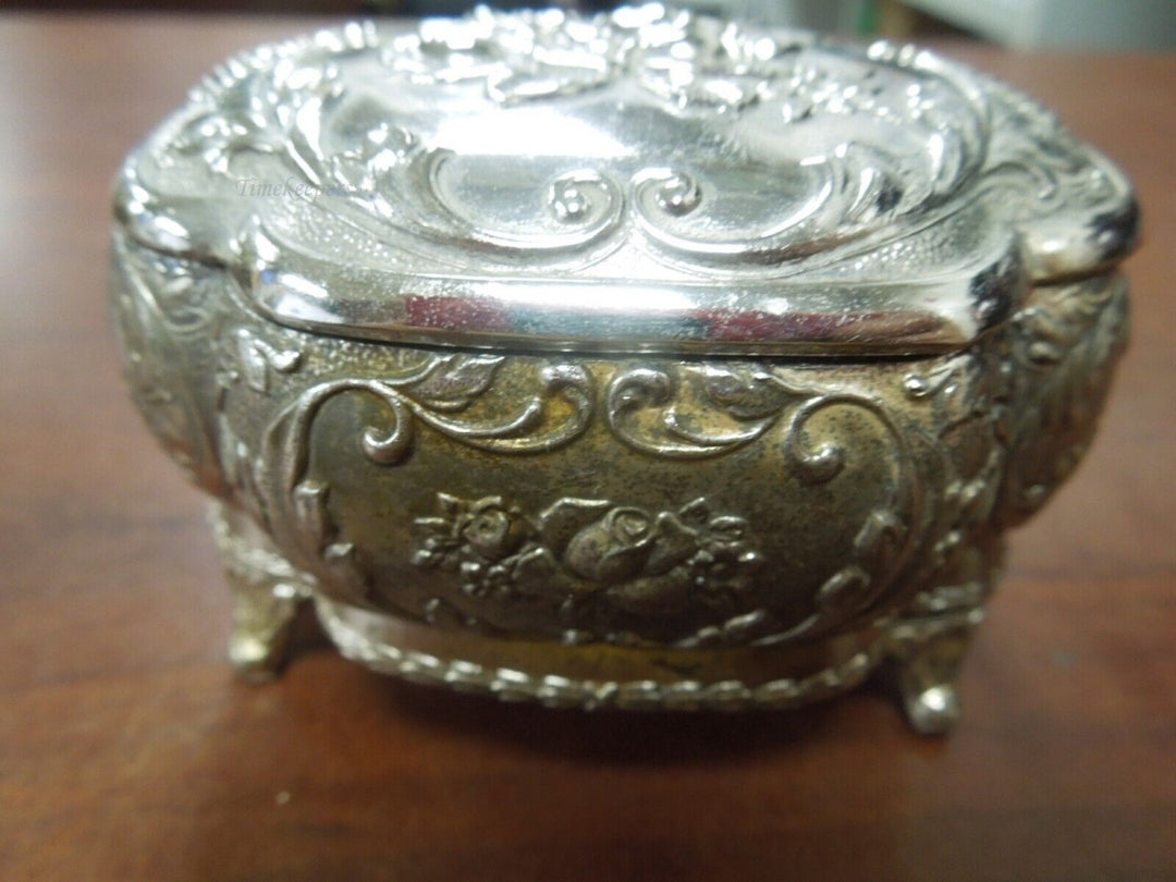 r692 Vintage Metal Box Hinged Lid Footed  Silver Plated Embossed Cherub Trinket Keepsake Jewelry Box Handcrafted Ornate