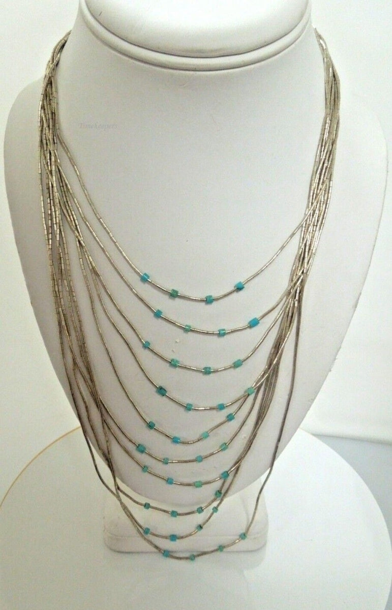 r992 Vintage Sterling Silver Liquid and Turquoise beads Waterfall Multi Strand Necklace 24 in  