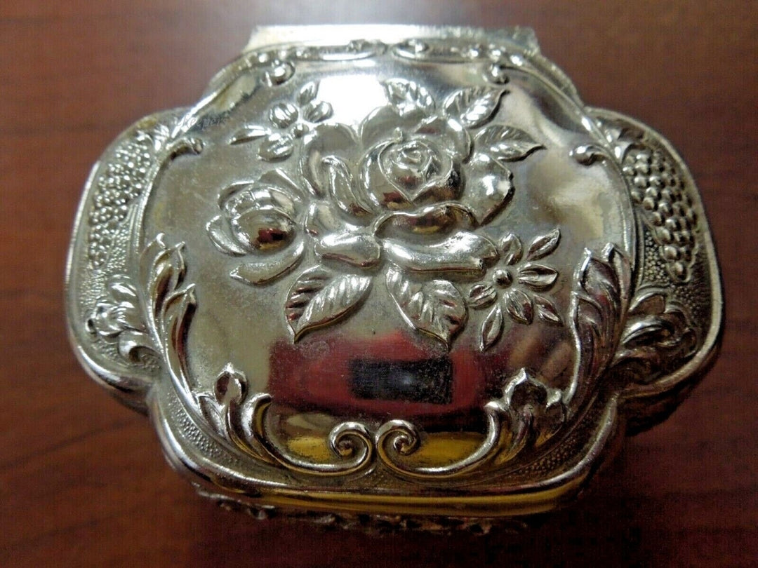 r692 Vintage Metal Box Hinged Lid Footed  Silver Plated Embossed Cherub Trinket Keepsake Jewelry Box Handcrafted Ornate