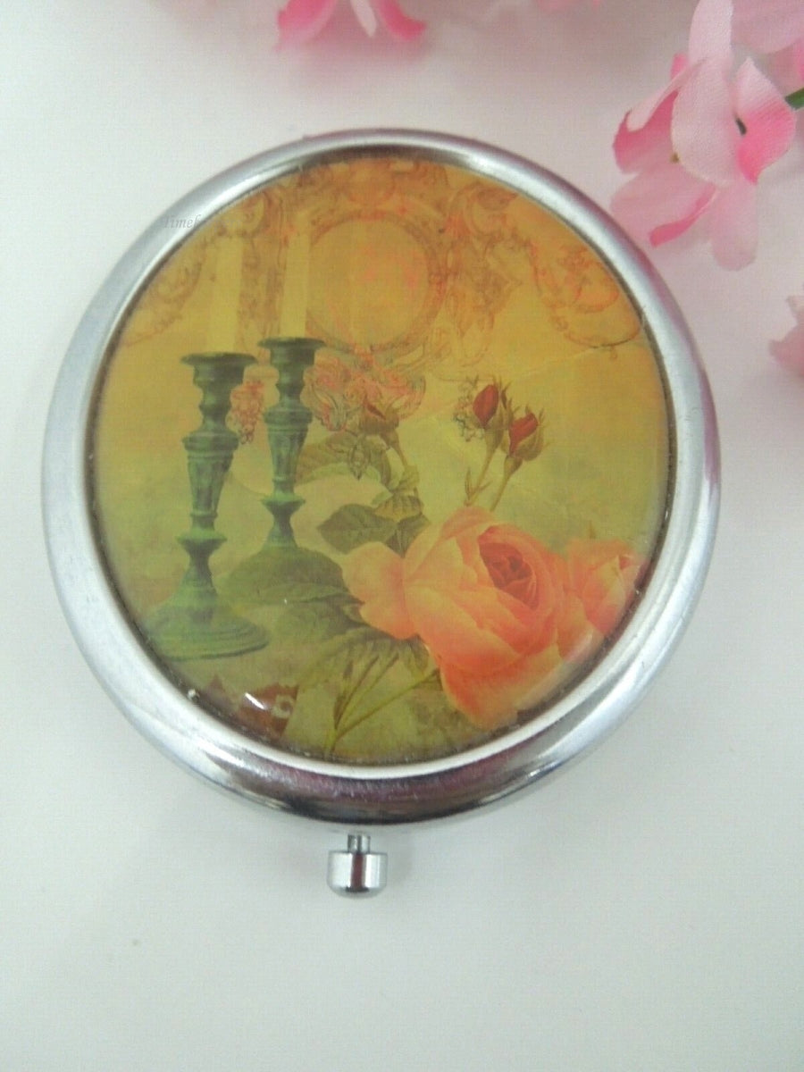 r920  Vintage Floral & Silvertone Makeup Double sided  Pocket Mirror