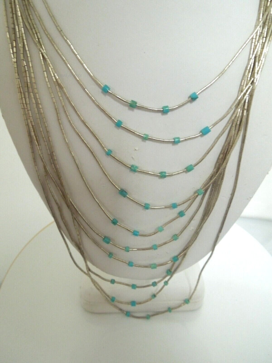 r992 Vintage Sterling Silver Liquid and Turquoise beads Waterfall Multi Strand Necklace 24 in  