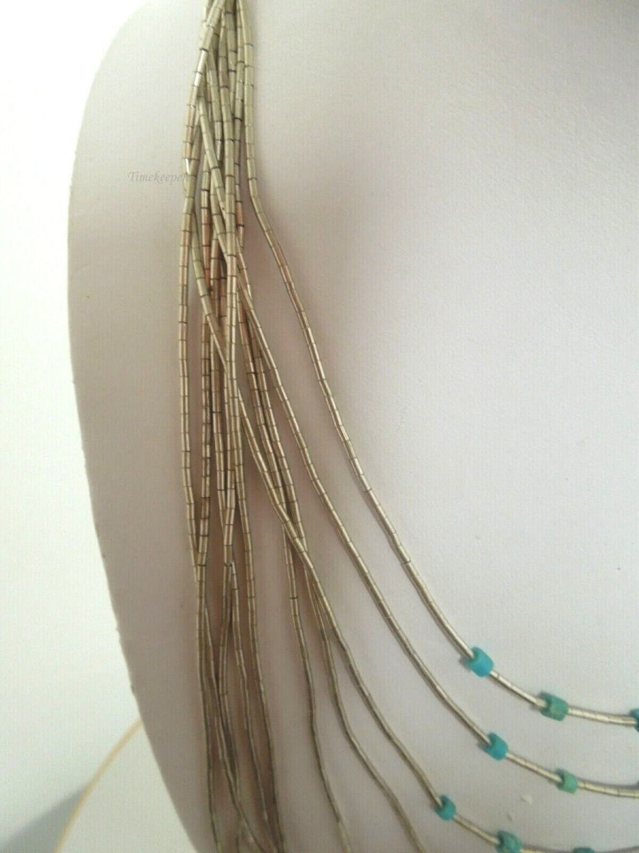 r992 Vintage Sterling Silver Liquid and Turquoise beads Waterfall Multi Strand Necklace 24 in  