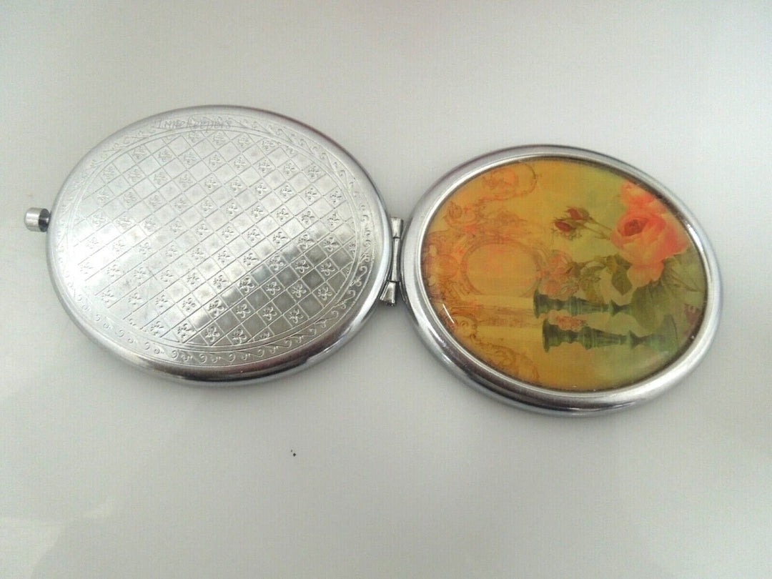 r920  Vintage Floral & Silvertone Makeup Double sided  Pocket Mirror