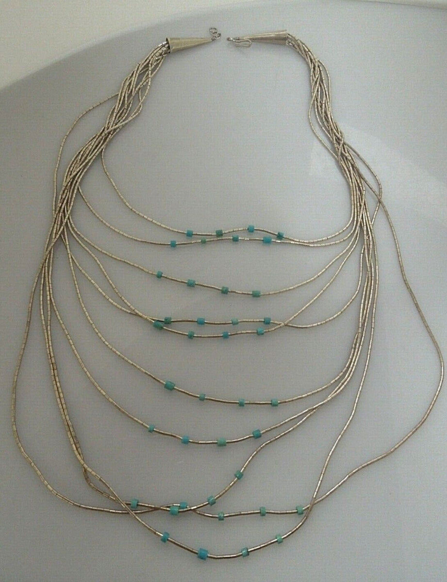 r992 Vintage Sterling Silver Liquid and Turquoise beads Waterfall Multi Strand Necklace 24 in  