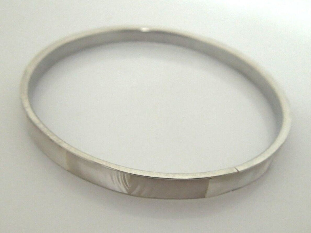 s071 Vintage Sterling Silver Mother of Pearl Inlay Bangle Bracelet 