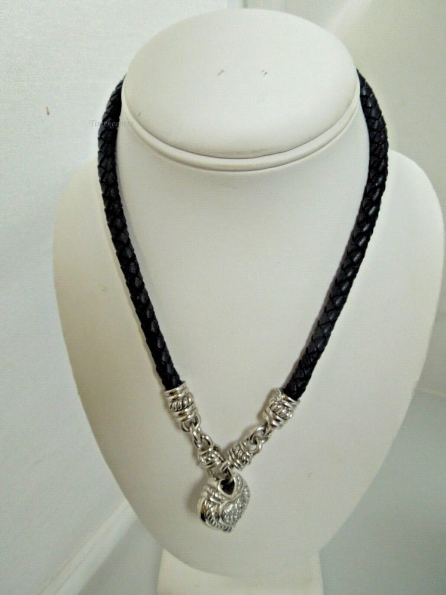 r431 Judith RIPKA Sterling Silver Reversible CZ HEART Black Leather Necklace