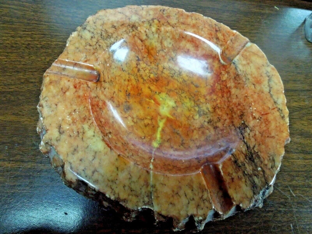 r592 Vintage,Mid Century Hand Carved Marble Ashtray Heavy Orange,RARE,7” Round