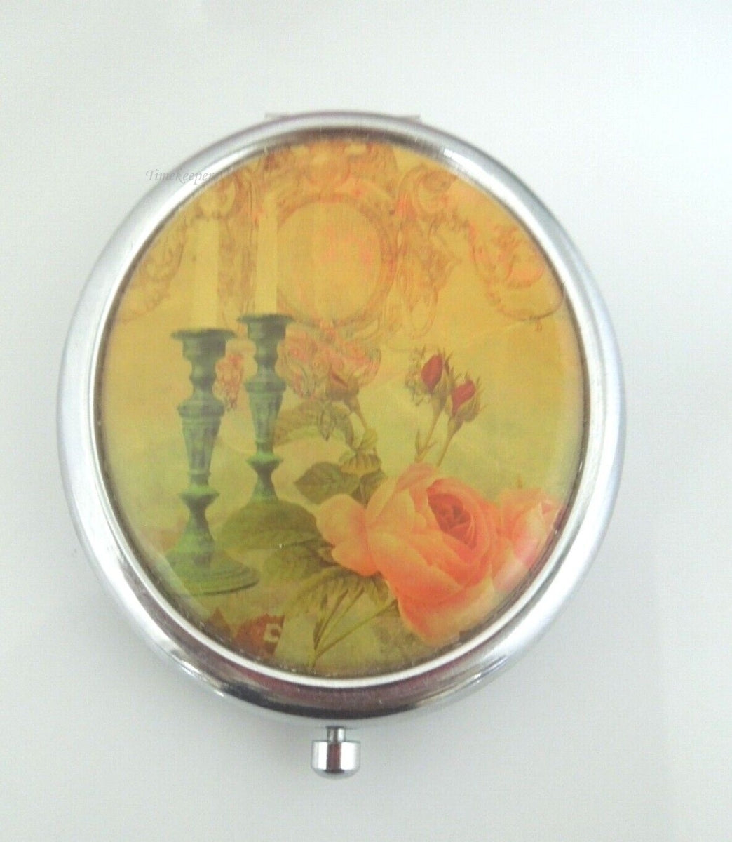 r920  Vintage Floral & Silvertone Makeup Double sided  Pocket Mirror