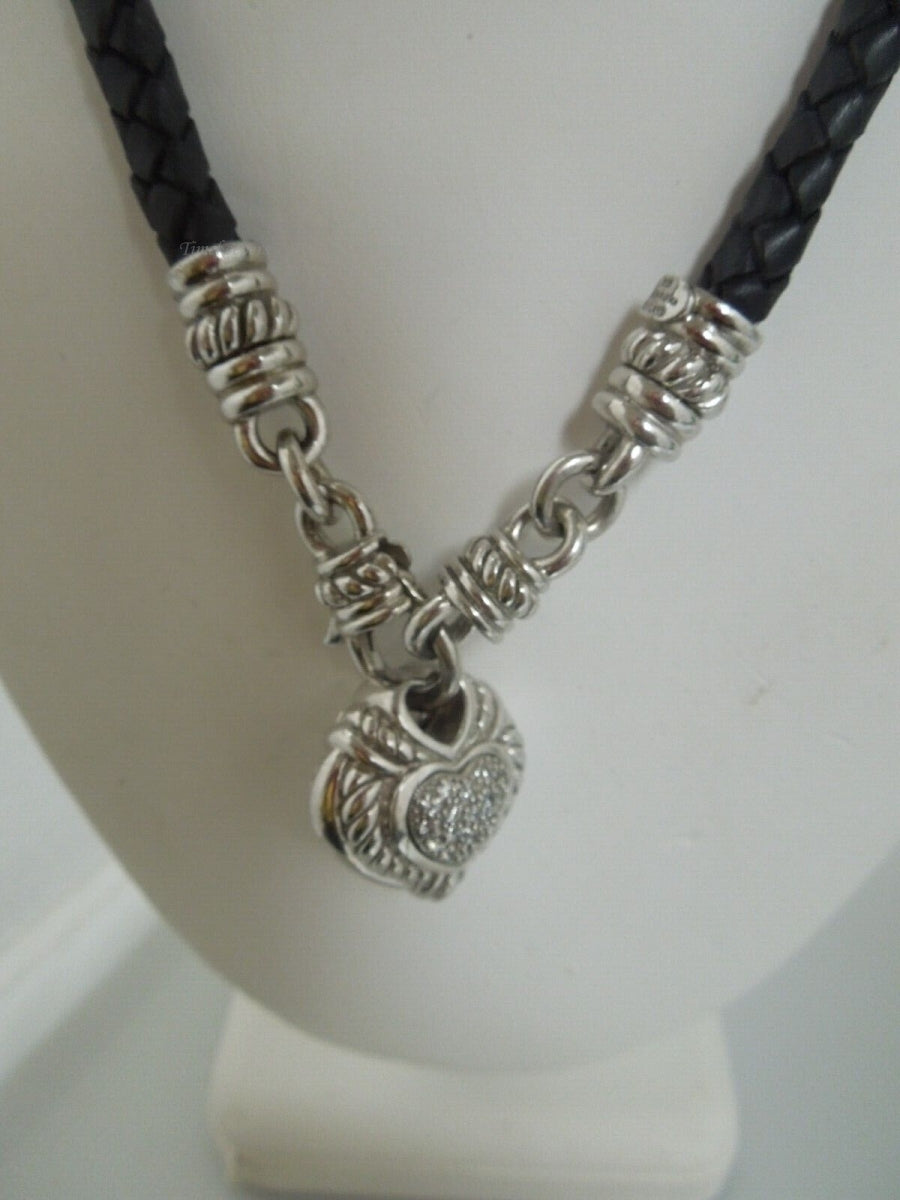 r431 Judith RIPKA Sterling Silver Reversible CZ HEART Black Leather Necklace