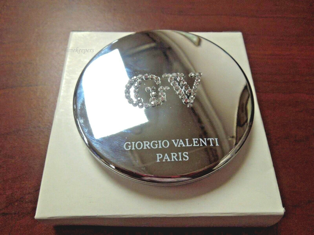 r266 Giorgio Valenti Folding Compact Double Mirror Make Up Paris Silvertone GV Engraved with Rhinestones