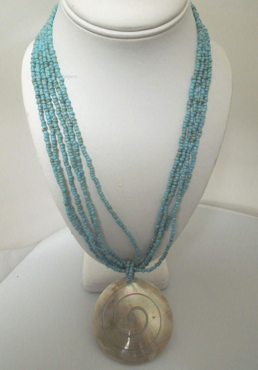 s066 Vintage Handmade Multi Strand Beaded Necklace Shell Pendant 27"