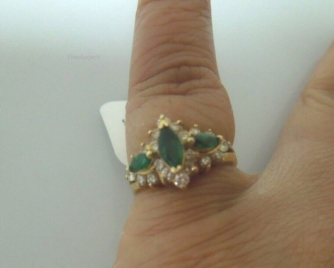 r852 14kt Yellow Gold Emerald Diamond Ring Size 4(USA) Signed 3.1g