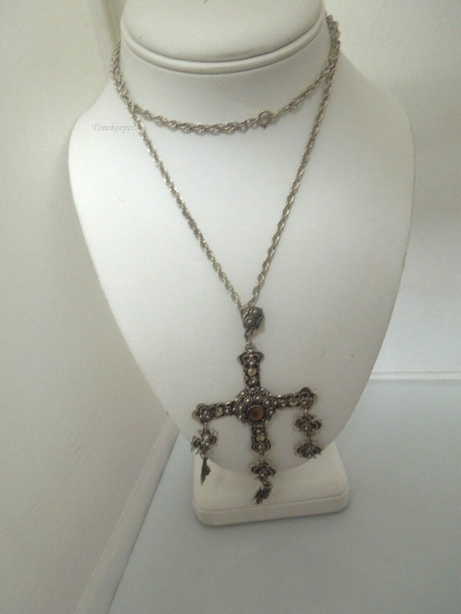 r708 Vintage 1940s Sterling Silver TIGER EYE YALALAG Etruscan 4" Cross Pendant Silver Chain Necklace 32"