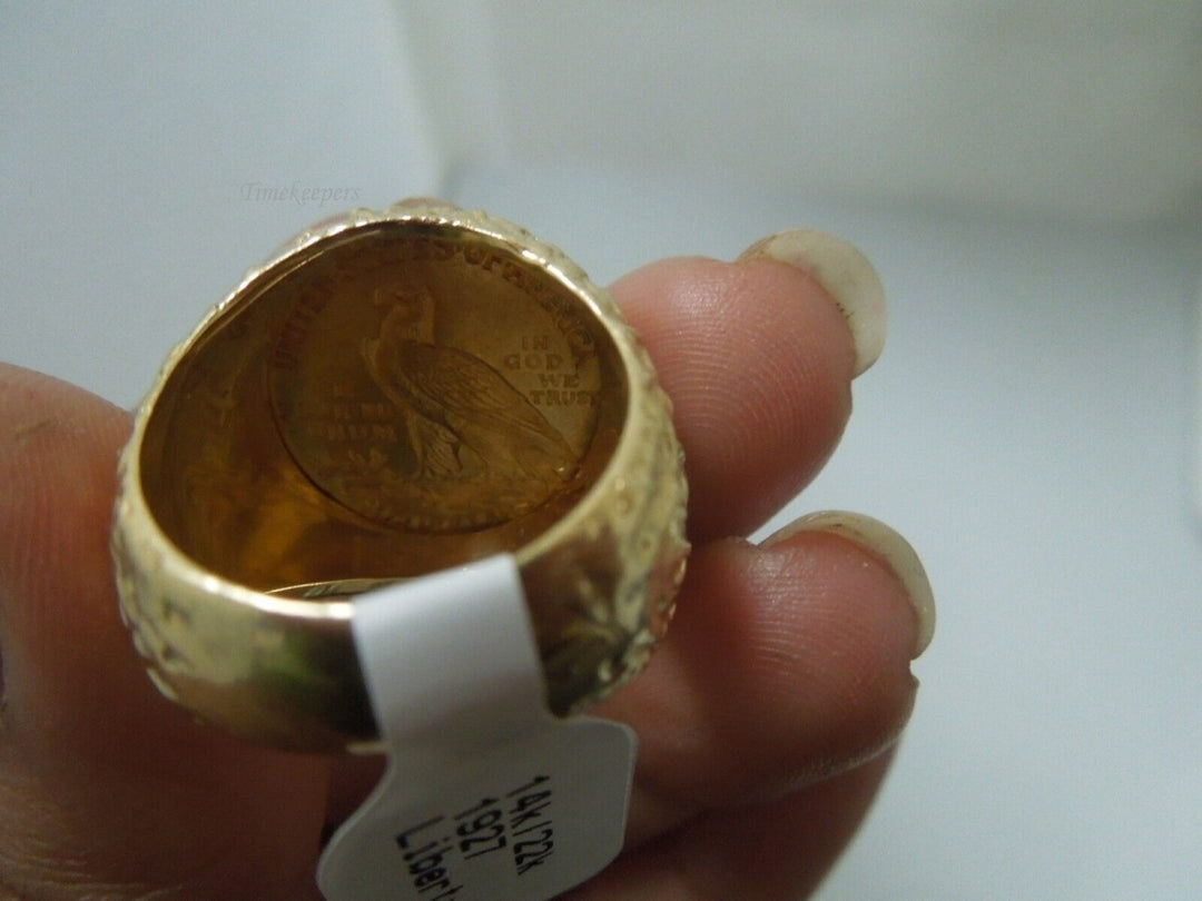 r508 Estate Antique 1927 22k-14k Yellow Gold Etched Liberty Coin Ring Size 7(USA) Signed 16g