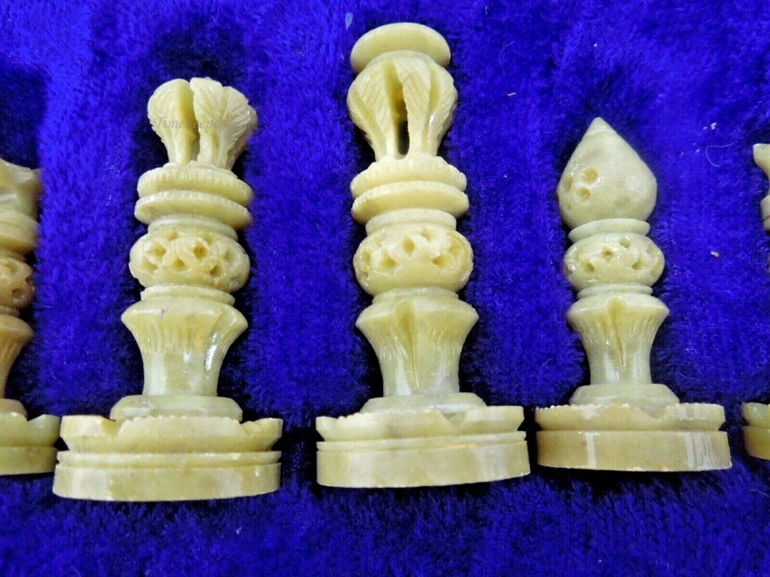 r544 12" Wooden Box Chess Set Hand Carved Marble Pieces Precious Handmade Handmade Wooden Base with Stone Inlay