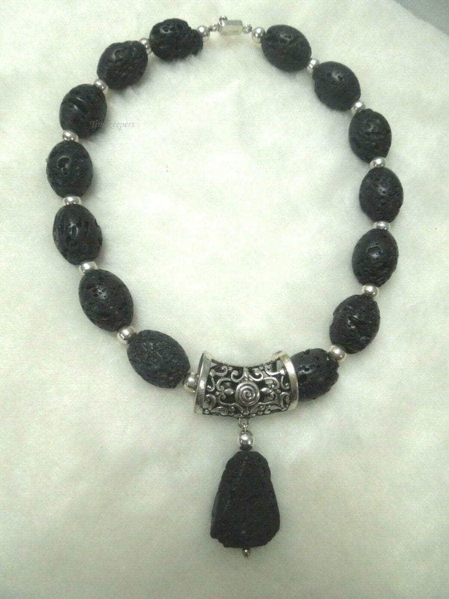 q598 Unique Black Lava Volcano Rock Mexico Sterling Silver Statement Necklace