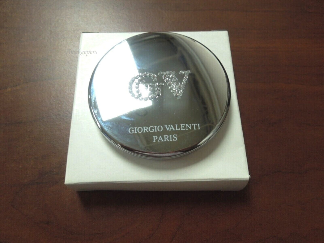 r266 Giorgio Valenti Folding Compact Double Mirror Make Up Paris Silvertone GV Engraved with Rhinestones