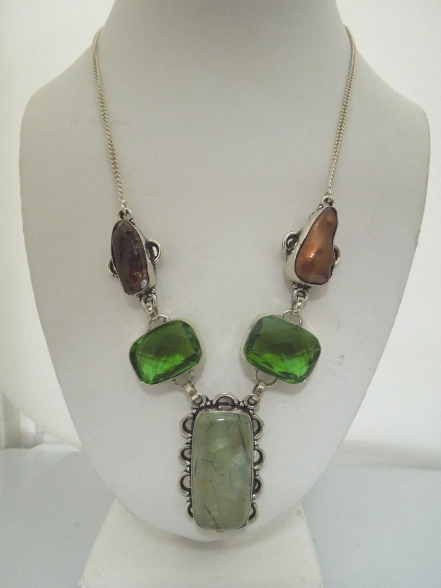 r644 Stunning Beautiful Necklace with prehnite stone,green glass stone and Baroque Pearls framed in Sterling Silver Pendant 20"