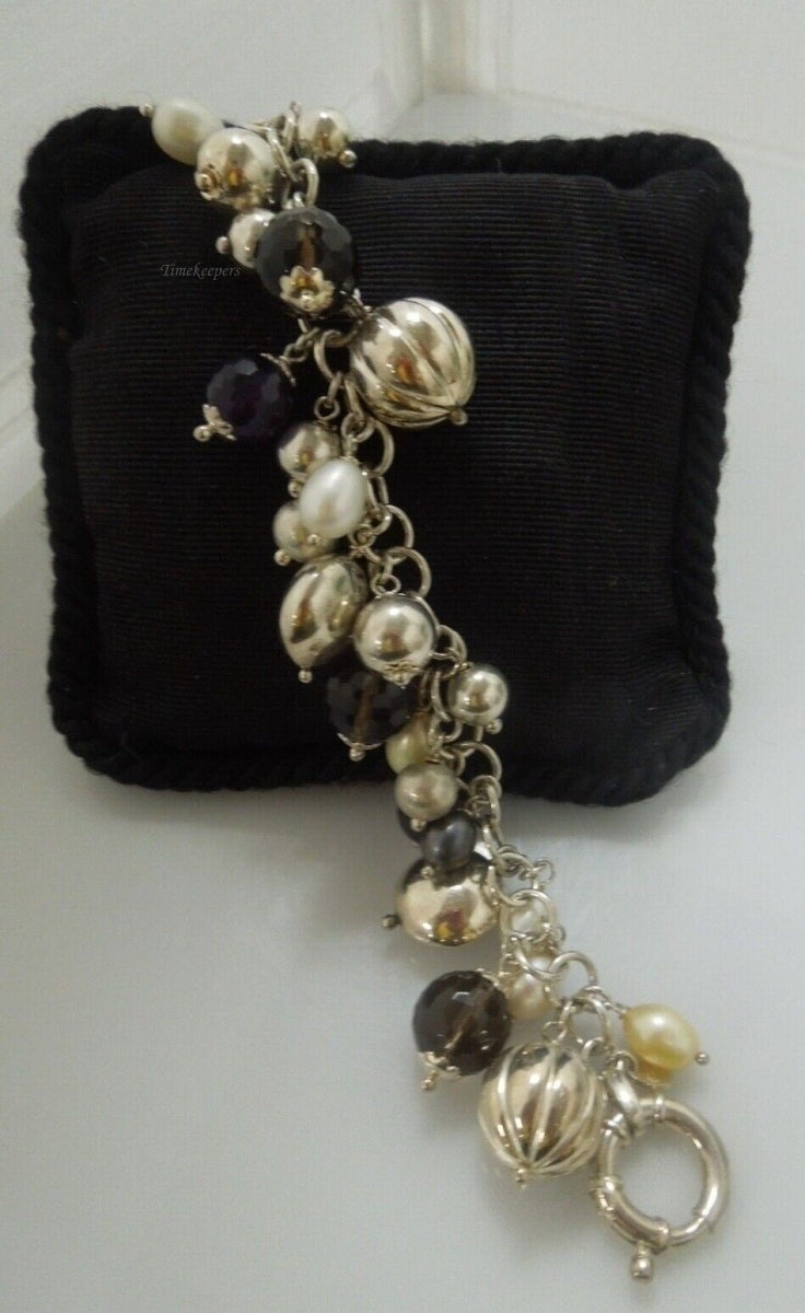 r432 Brev Milor Pearl Smoky Quartz Amethyst Charm Bracelet Sterling Silver Italy 7"