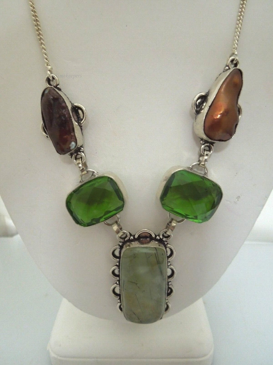 r644 Stunning Beautiful Necklace with prehnite stone,green glass stone and Baroque Pearls framed in Sterling Silver Pendant 20"