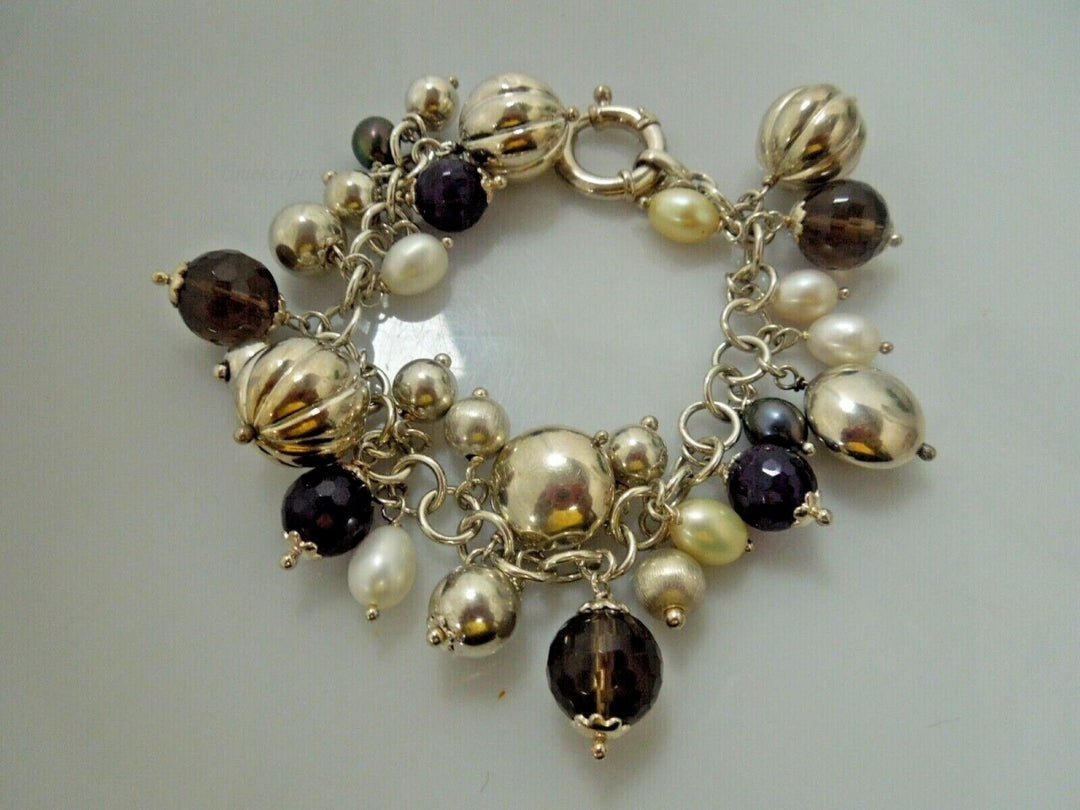 r432 Brev Milor Pearl Smoky Quartz Amethyst Charm Bracelet Sterling Silver Italy 7"