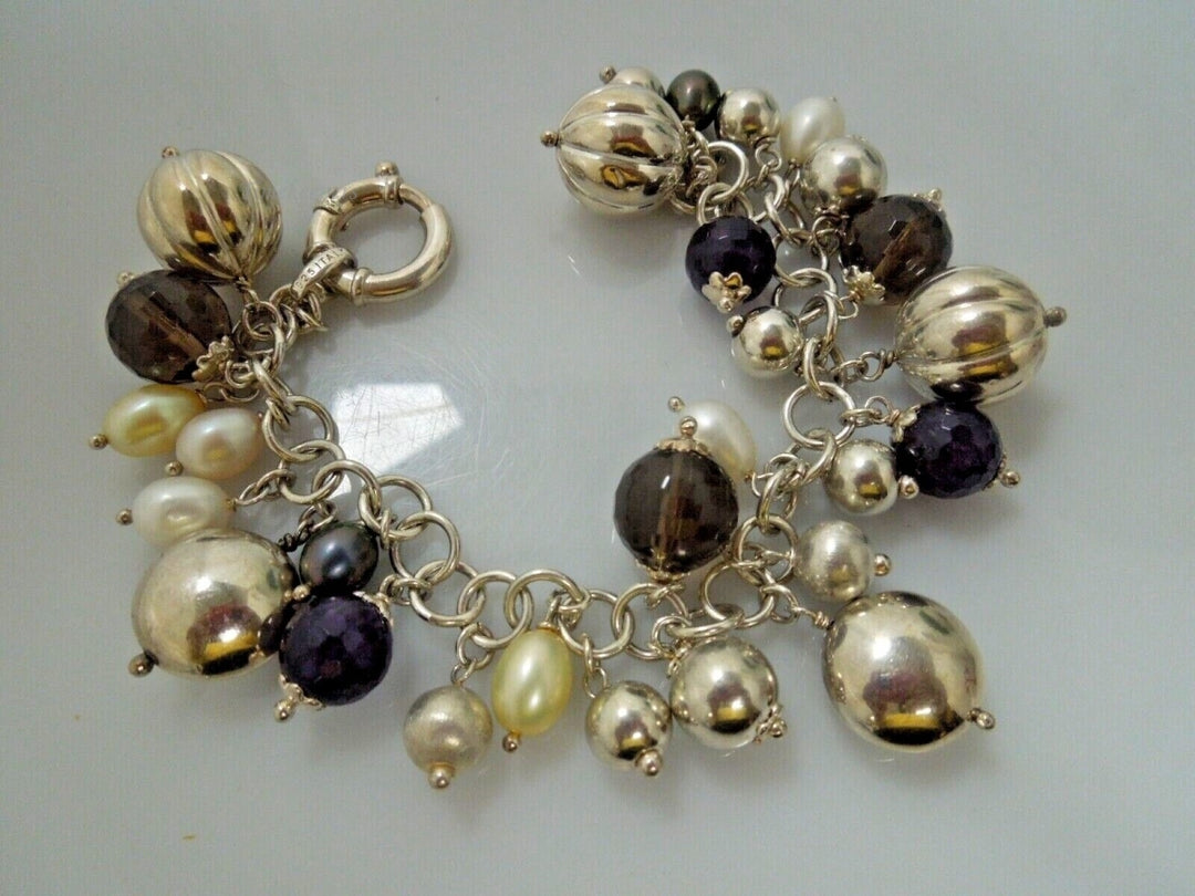 r432 Brev Milor Pearl Smoky Quartz Amethyst Charm Bracelet Sterling Silver Italy 7"