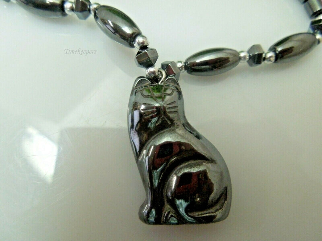 q777 Hematite Link Necklace with Black Kitty Pendant 18"