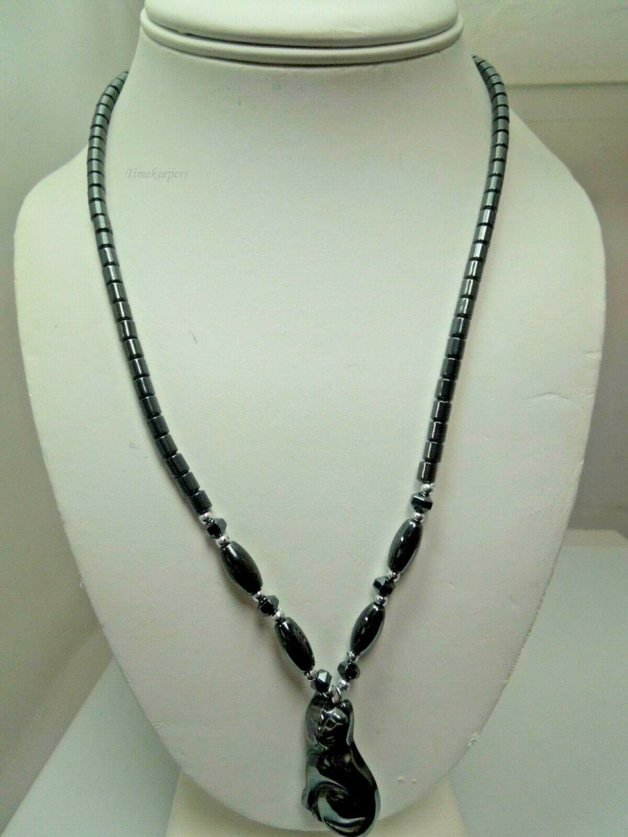 q777 Hematite Link Necklace with Black Kitty Pendant 18"