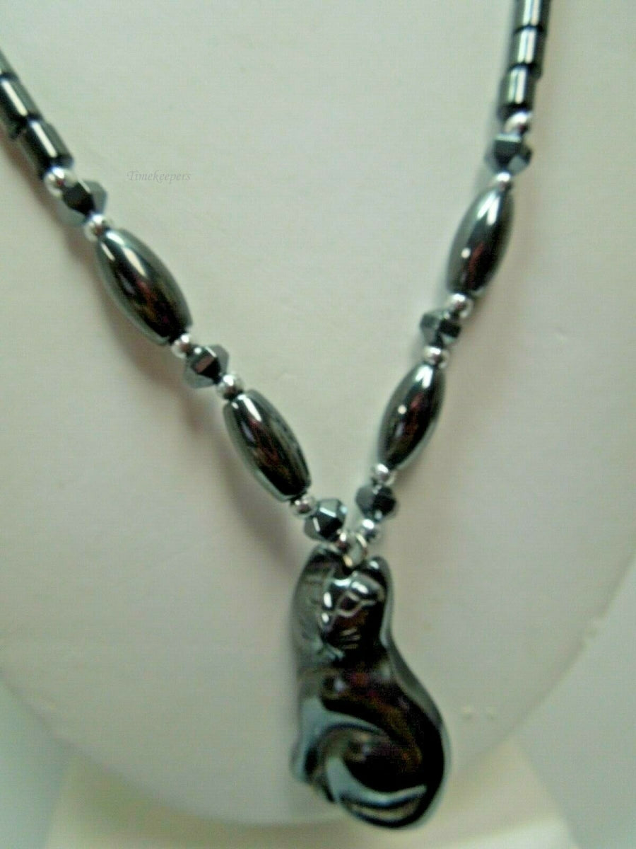 q777 Hematite Link Necklace with Black Kitty Pendant 18"