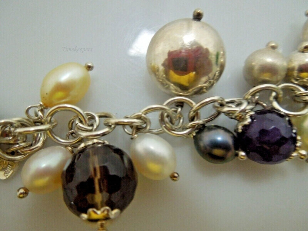 r432 Brev Milor Pearl Smoky Quartz Amethyst Charm Bracelet Sterling Silver Italy 7"