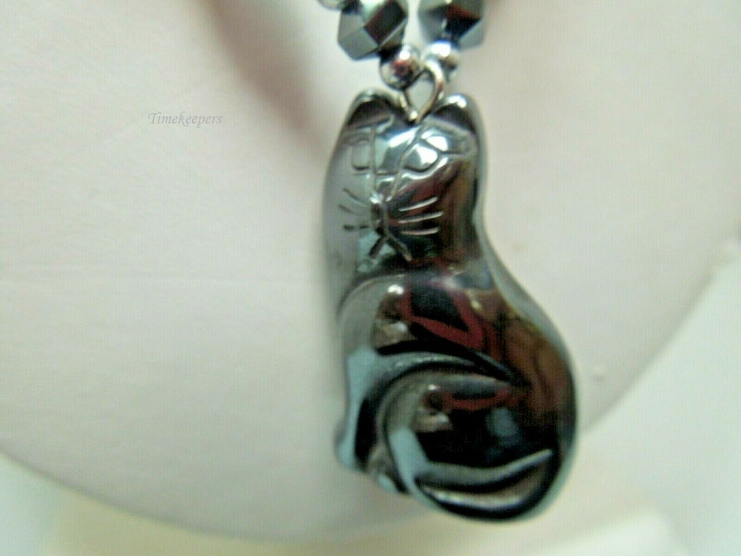 q777 Hematite Link Necklace with Black Kitty Pendant 18"