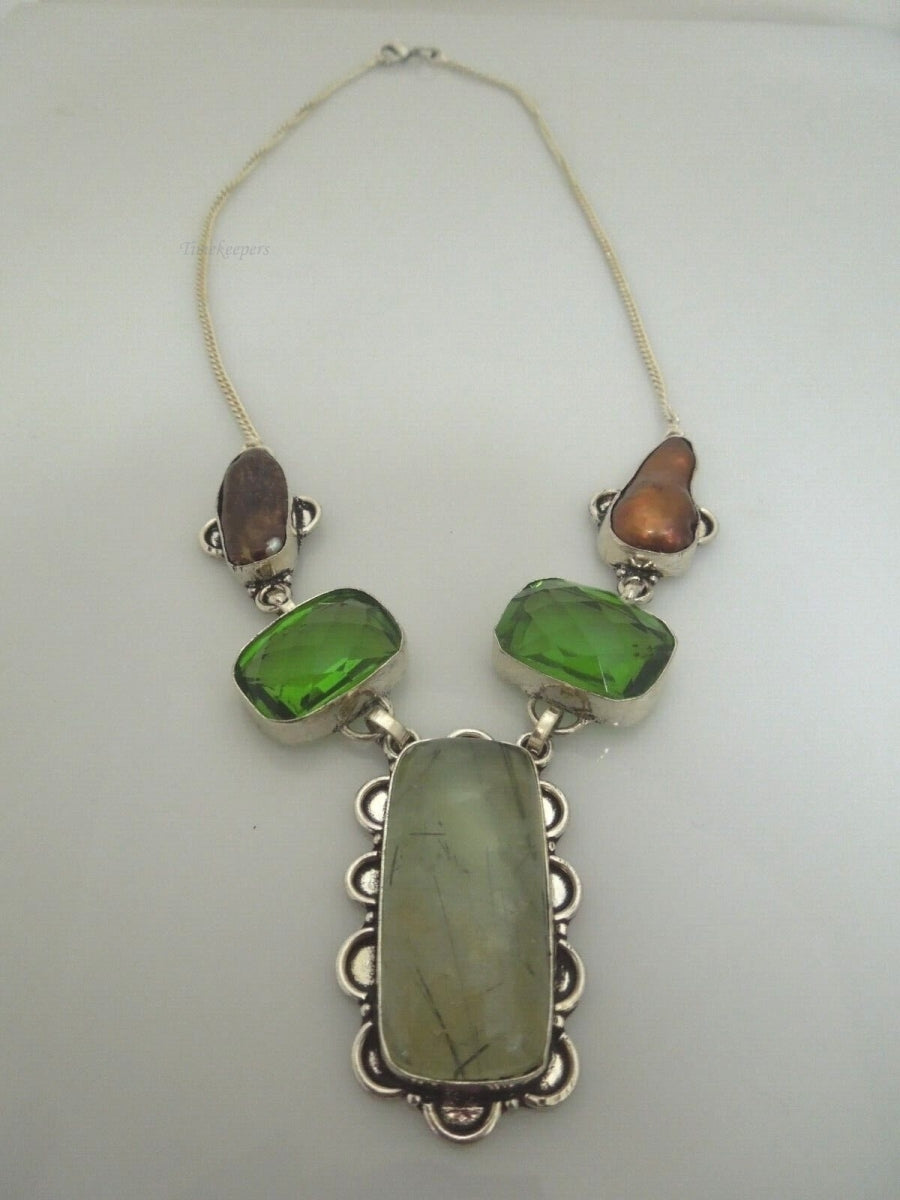 r644 Stunning Beautiful Necklace with prehnite stone,green glass stone and Baroque Pearls framed in Sterling Silver Pendant 20"