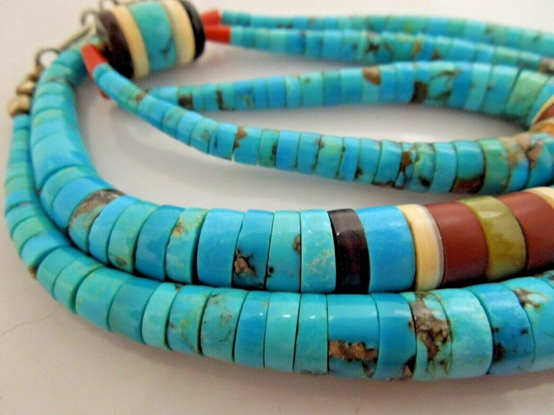 r986 Navajo Native American Blue Graduated Turquoise Heishi Sterling Silver Bead Necklace 27"