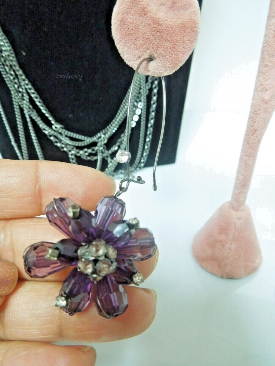 r891 Set of 4 fashion Jewelry Faux Purple Faceted Crystals Side Flower Necklace,Bracelet,Ring & Dangle Earrings