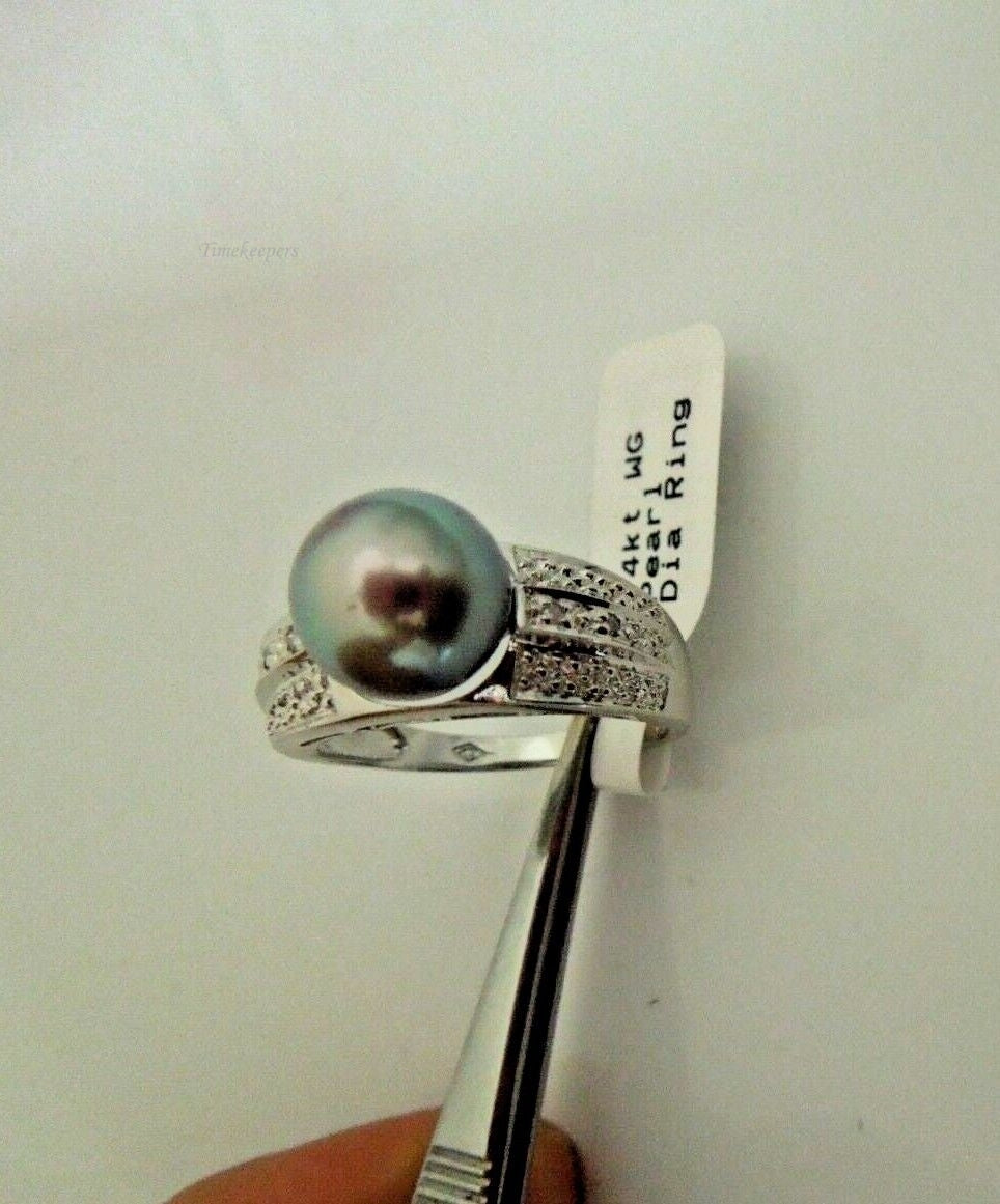 r926 14kt White Gold 9mm Tahitian Pearl and Diamond Ring Size 7 (USA) Signed 