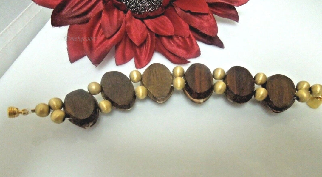 r820 Vintage Handmade Brown White Snail Shell Wood Mounted Bracelet  