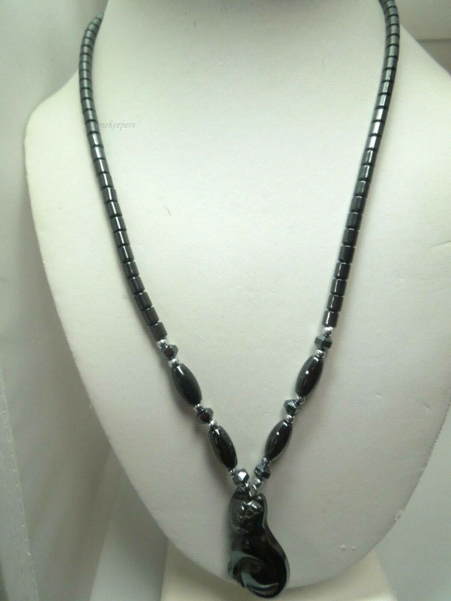 q777 Hematite Link Necklace with Black Kitty Pendant 18"