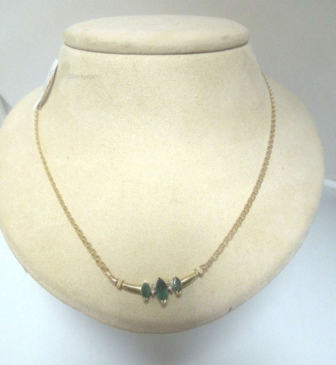 r858 Beautiful 14kt Yellow Gold Emerald Diamond Necklace 16" Signed 6g