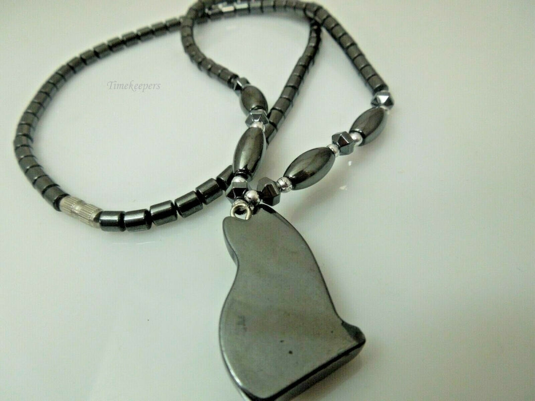 q777 Hematite Link Necklace with Black Kitty Pendant 18"