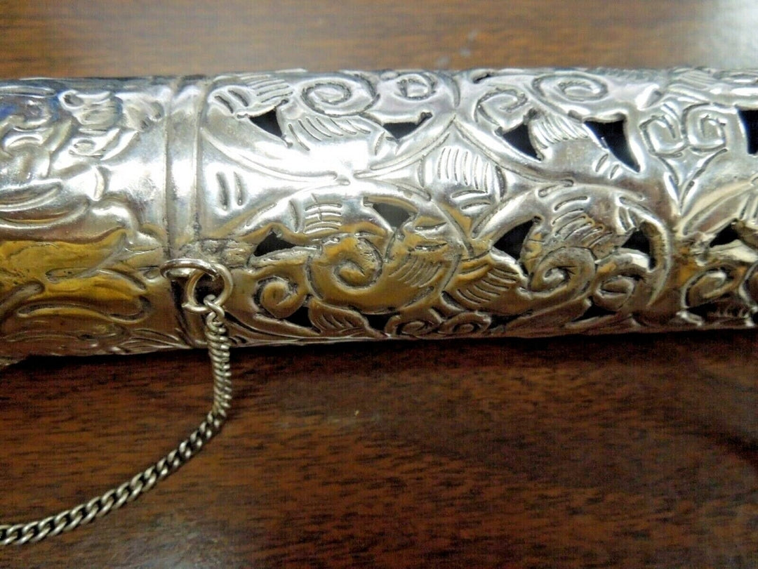 r756 Mid-19th Century Ornate Silver Scroll Holder, Moroccan Jewish Judaica Antique