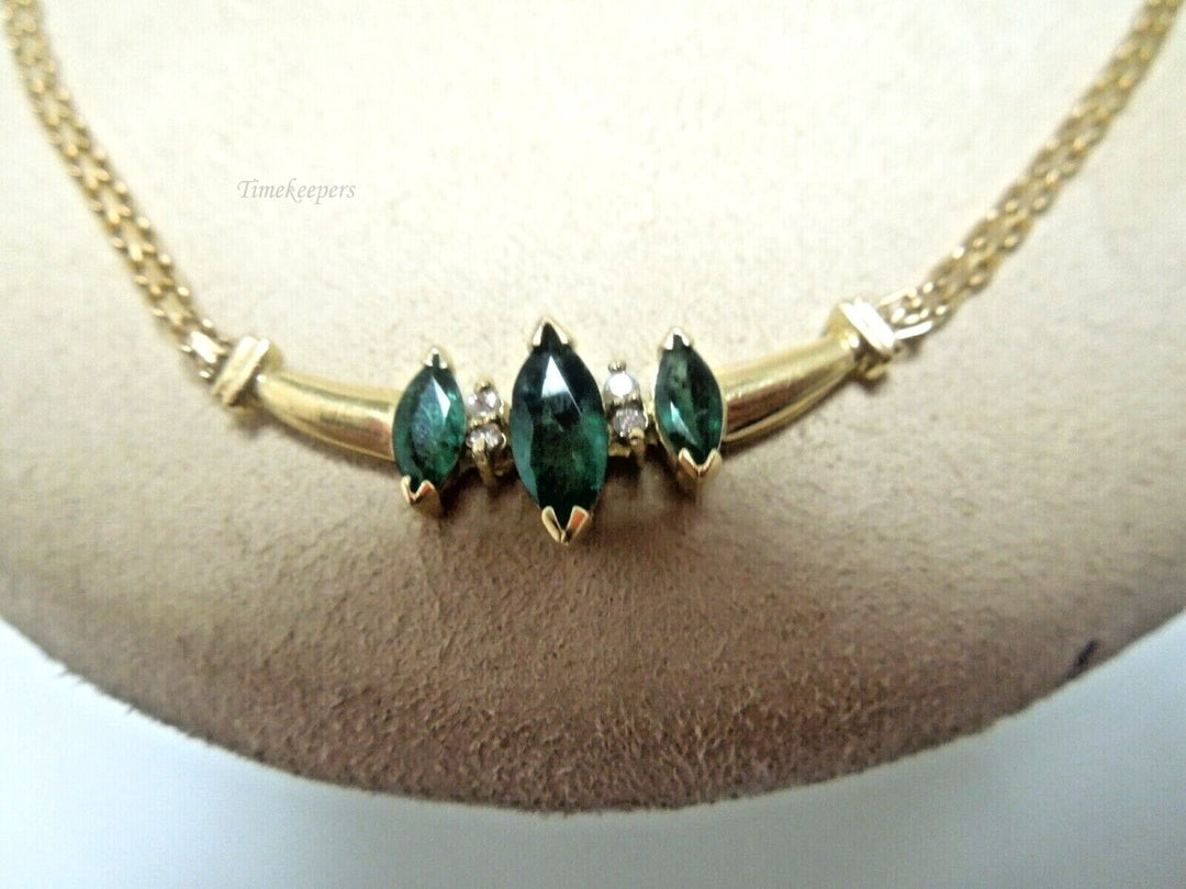 r858 Beautiful 14kt Yellow Gold Emerald Diamond Necklace 16" Signed 6g