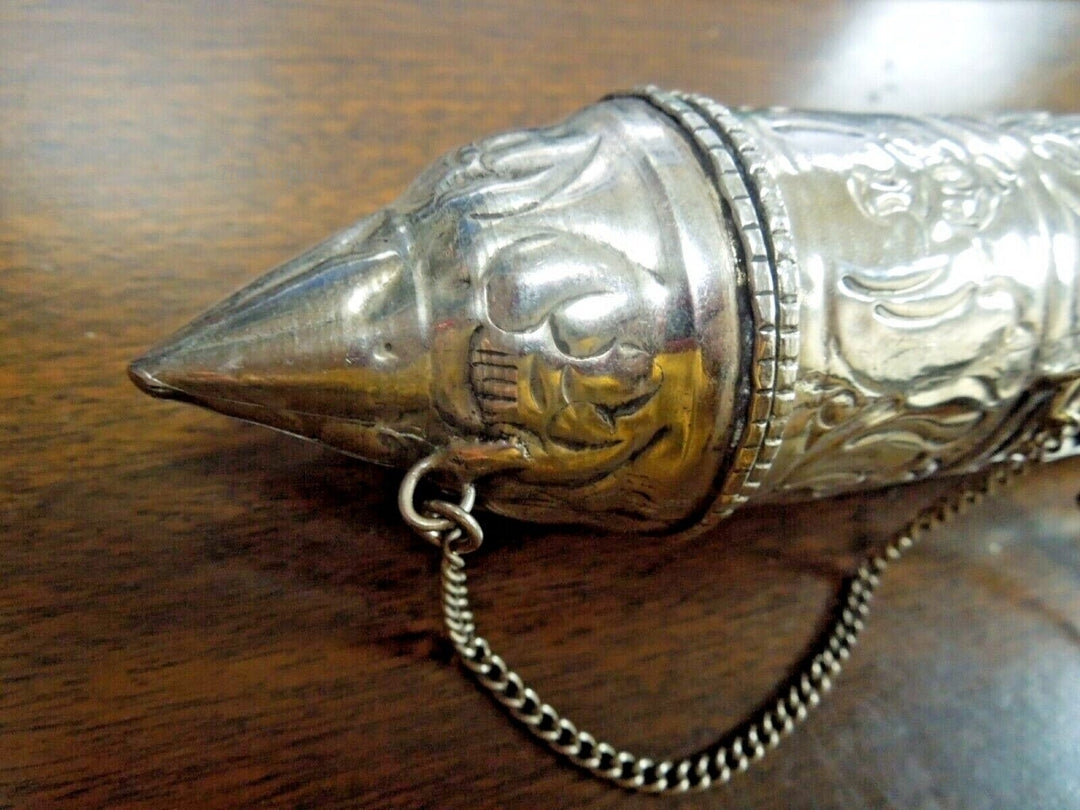 r756 Mid-19th Century Ornate Silver Scroll Holder, Moroccan Jewish Judaica Antique