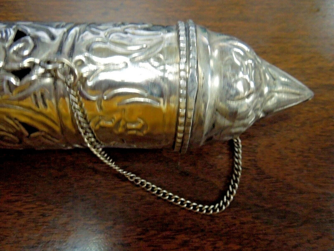 r756 Mid-19th Century Ornate Silver Scroll Holder, Moroccan Jewish Judaica Antique