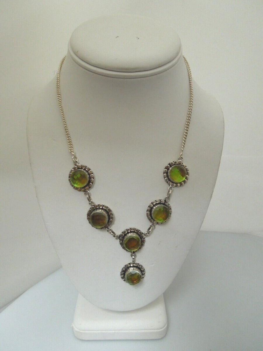 r621 Beautiful Necklace Faceted Peridot Green Color Glass Sterling Silver Pendant