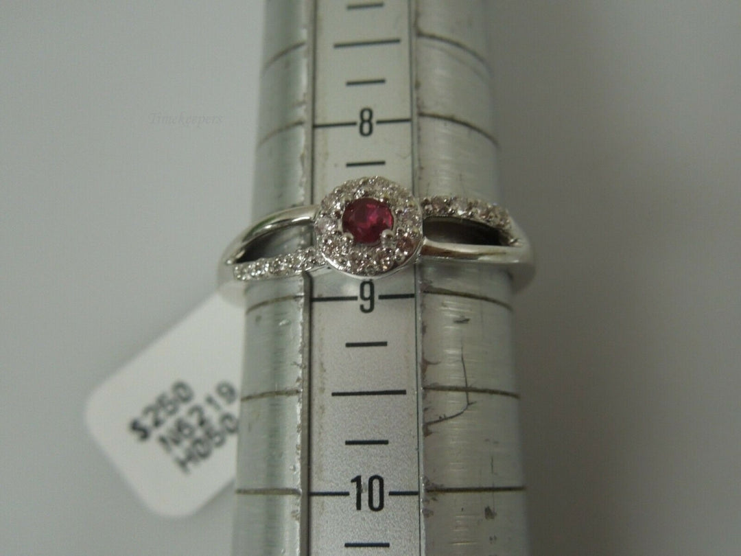 q827 10k White Gold Diamond .10 cts Ruby Ring Size 8.75(USA) Signed 2.4 g