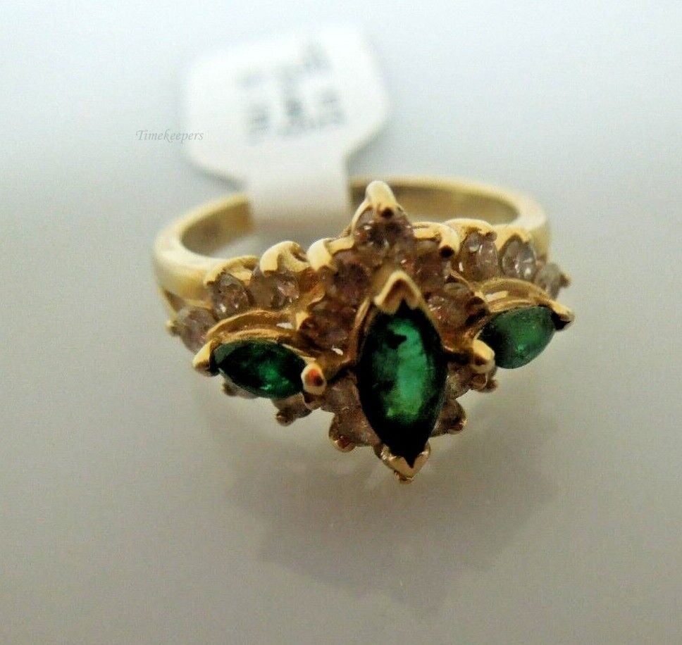 r852 14kt Yellow Gold Emerald Diamond Ring Size 4(USA) Signed 3.1g